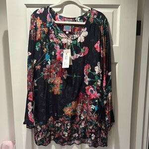 Johnny Was Black and Pink Scalloped hem and Long Sleeve Blouse